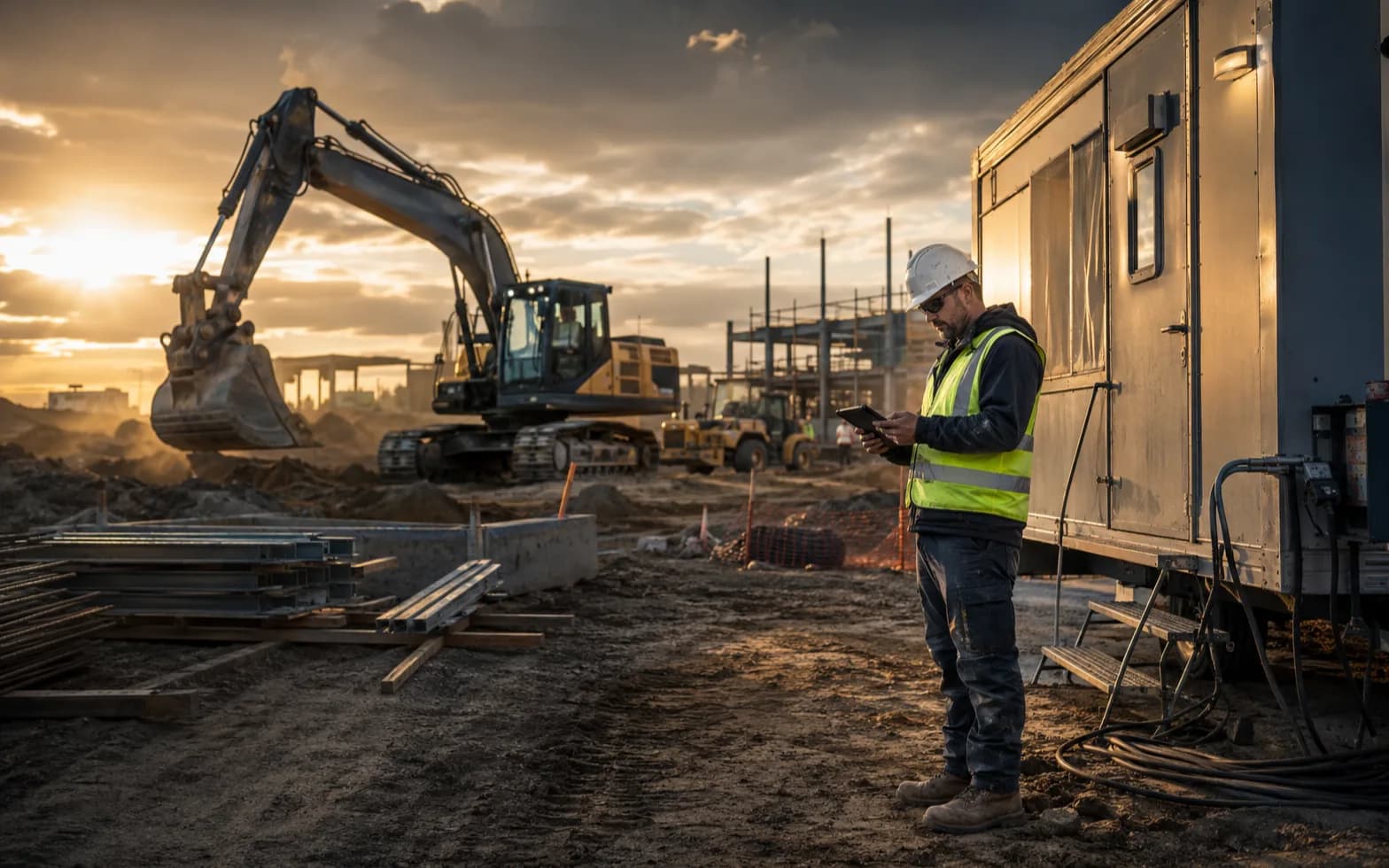 Construction foreman using a rugged tablet beside an excavator and job trailer