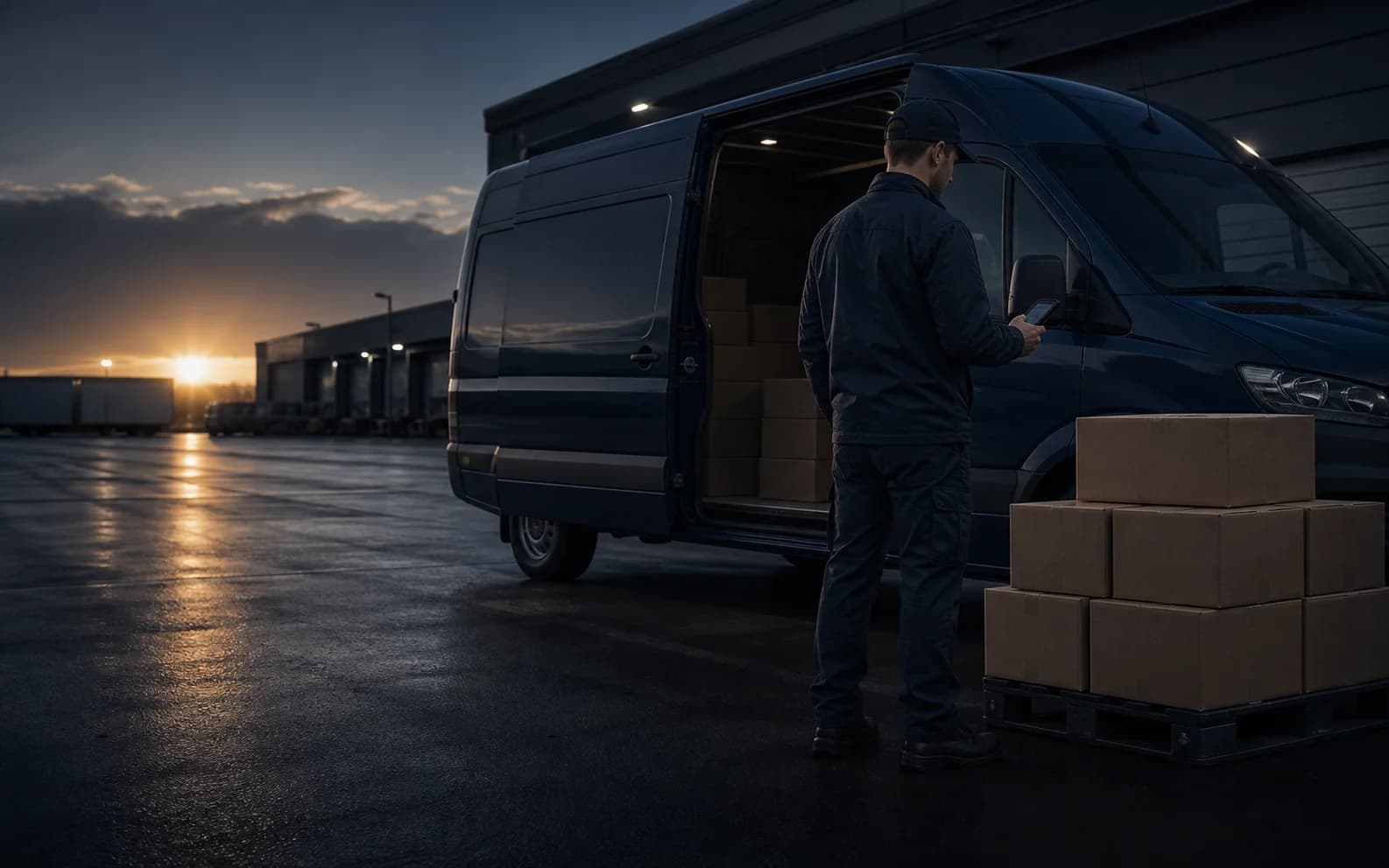 Delivery worker checking a phone beside a parked van and parcels at a commercial depot