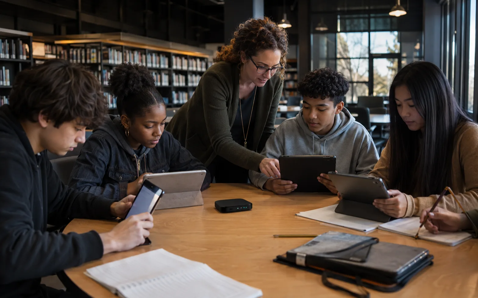 Students and an educator working together on tablets in a school library with a portable hotspot on the table