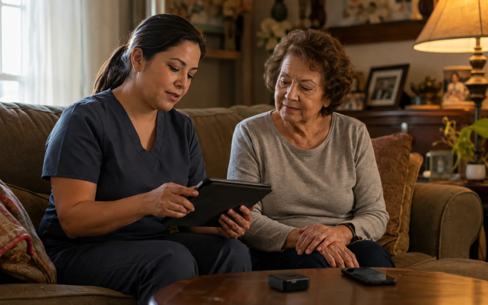 Home health caregiver using a tablet with an older adult during a visit