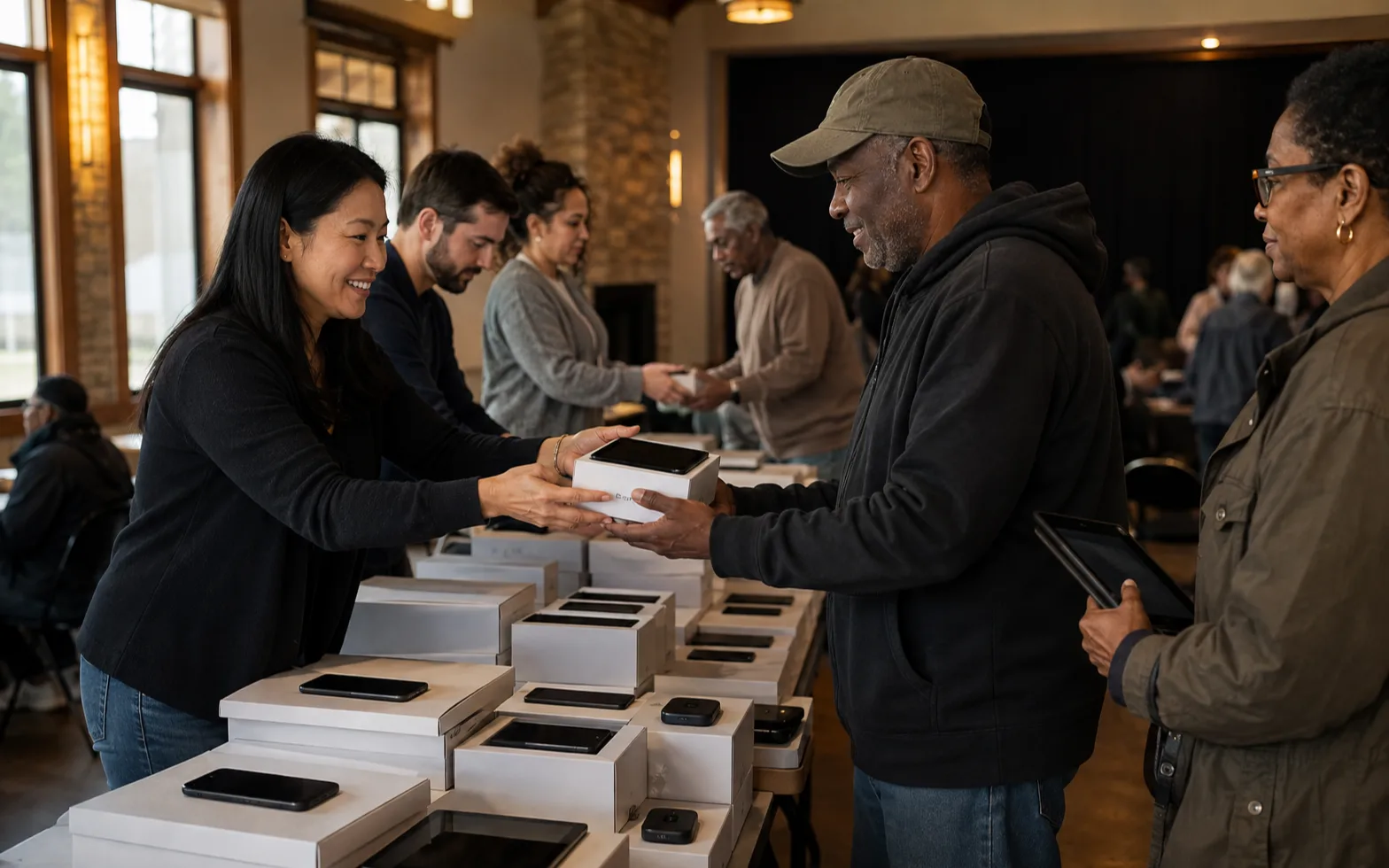 Nonprofit outreach worker handing a device kit to a community program participant