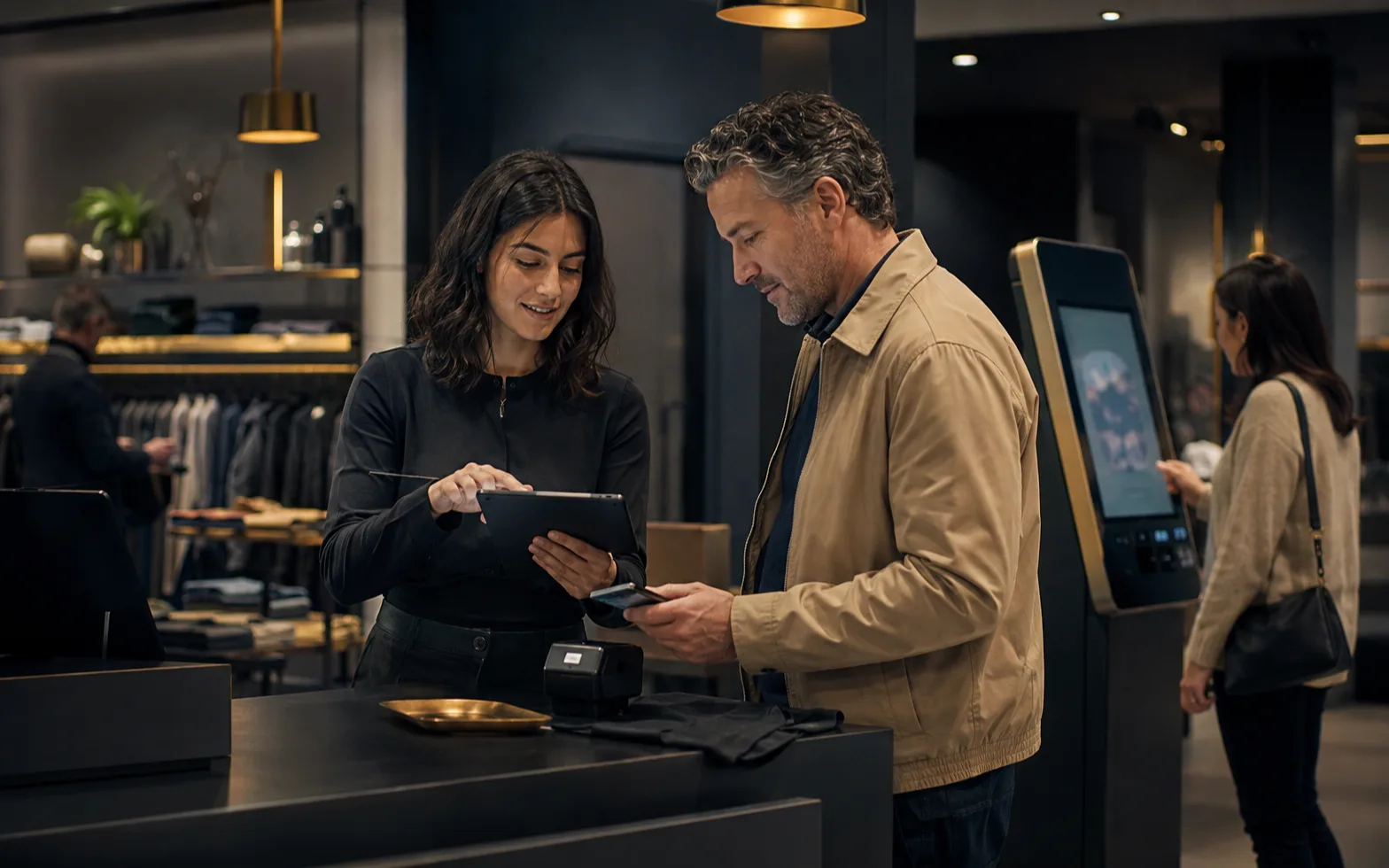 Retail associate helping a customer complete a mobile point-of-sale transaction on a tablet