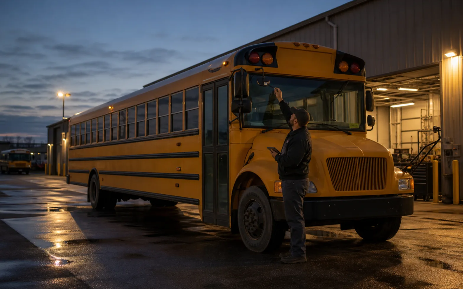 Transportation technician inspecting a windshield camera on a school bus at the depot