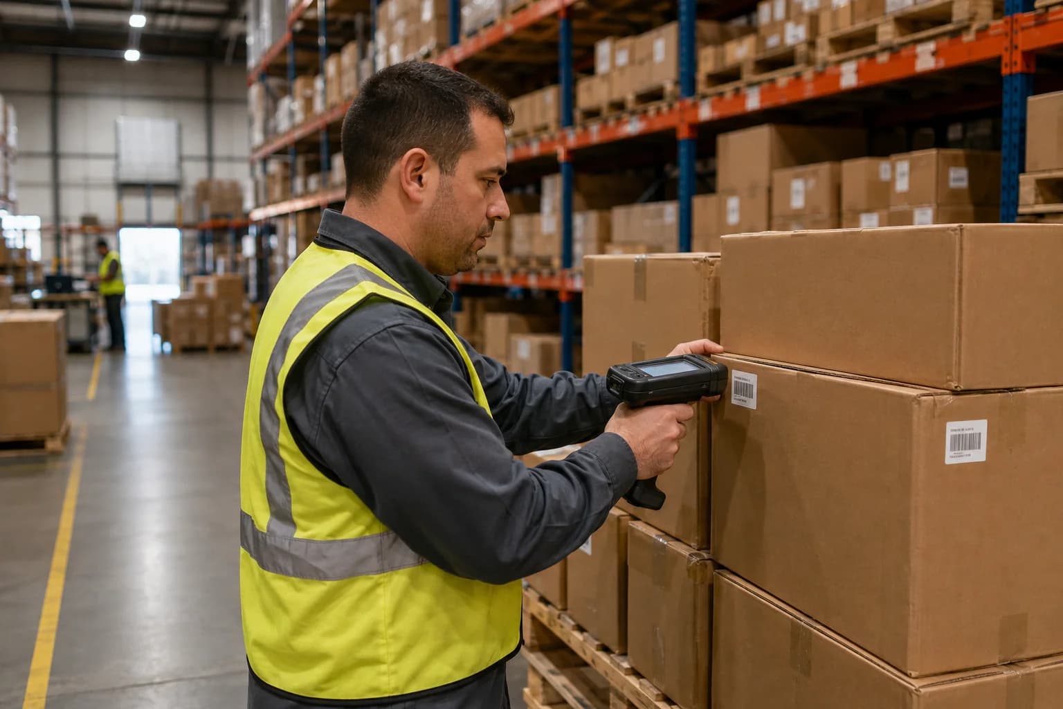 Warehouse associate using a rugged handheld barcode scanner to check a carton beside pallet racks in a distribution center