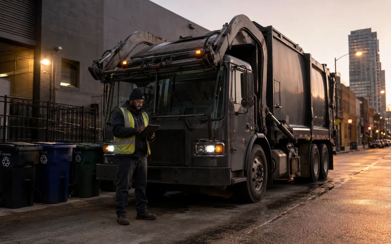 Collection driver reviewing route information on a rugged tablet beside a commercial truck