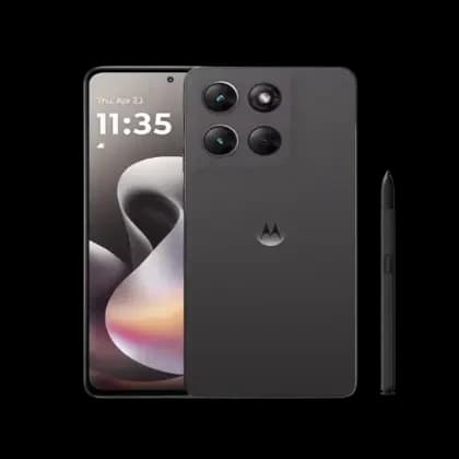 Motorola Moto G Stylus 2026 in Pantone Coal Smoke, front and back with active stylus