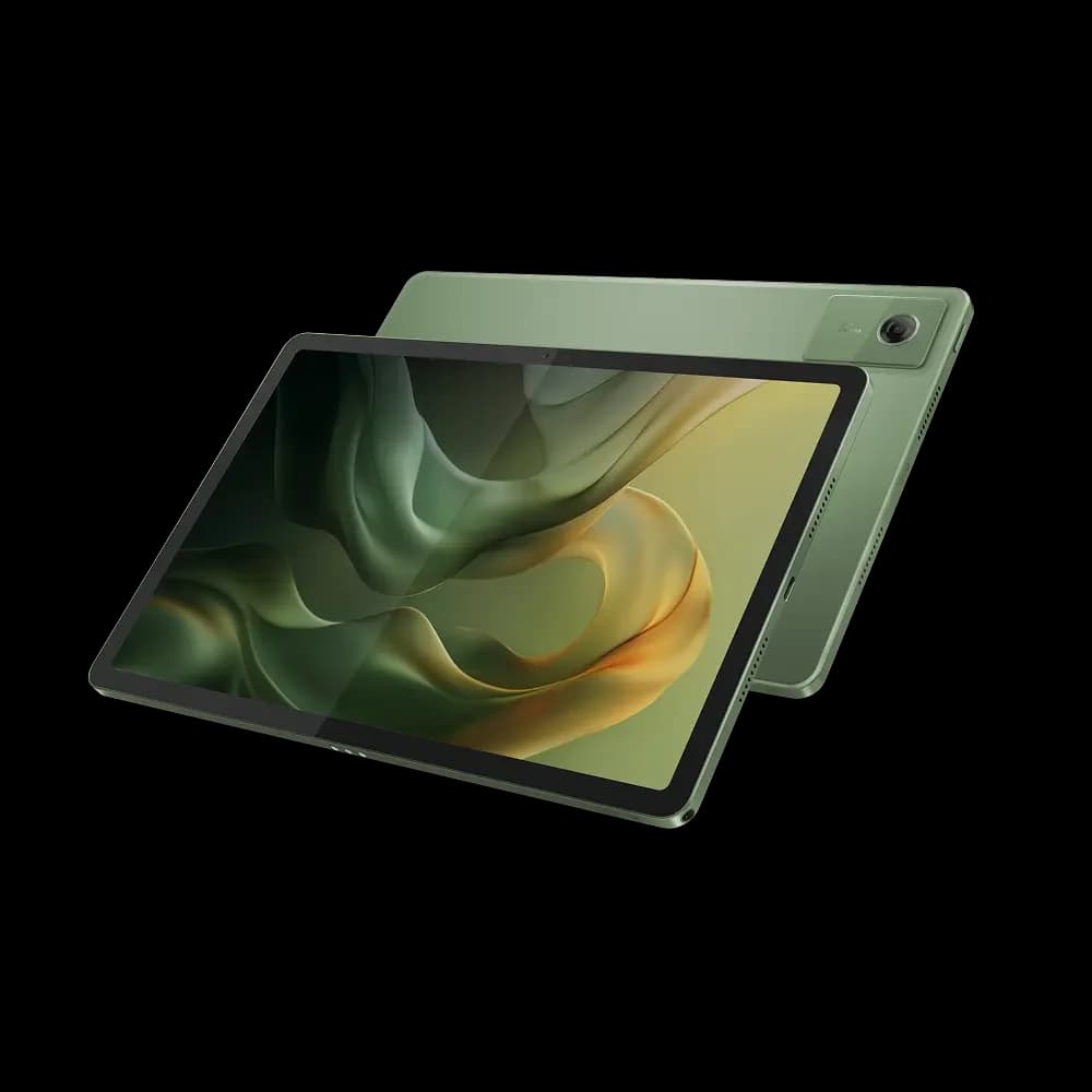 Motorola Moto Pad 2026 in Pantone Bronze Green, front and back