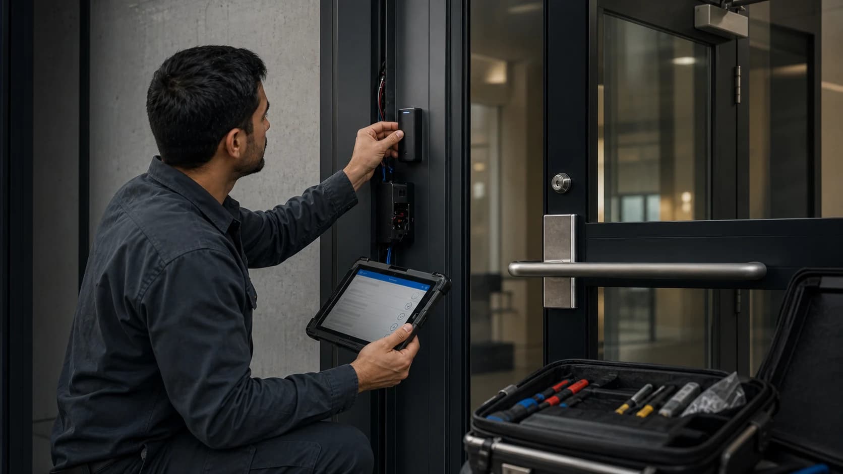 Professional installer commissioning a badge reader at a commercial employee entrance