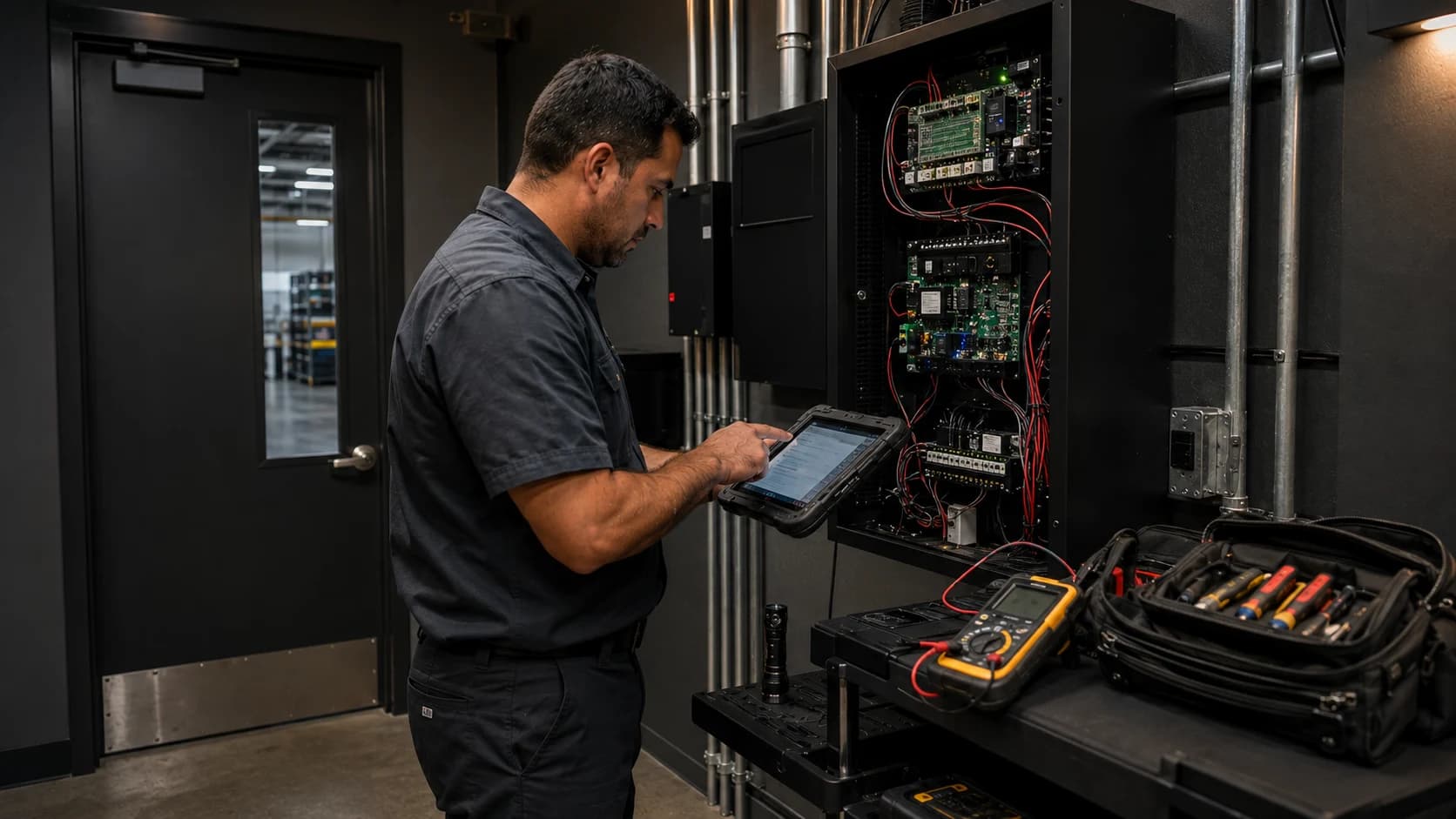 Professional installer commissioning a commercial intrusion alarm control panel
