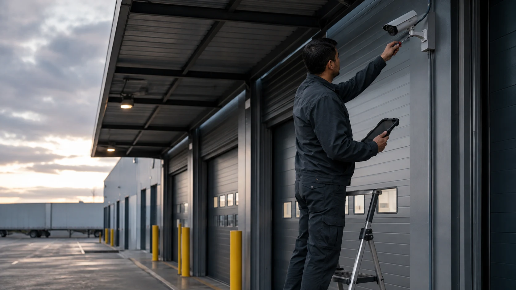 Professional installer commissioning an exterior surveillance camera at a commercial loading facility