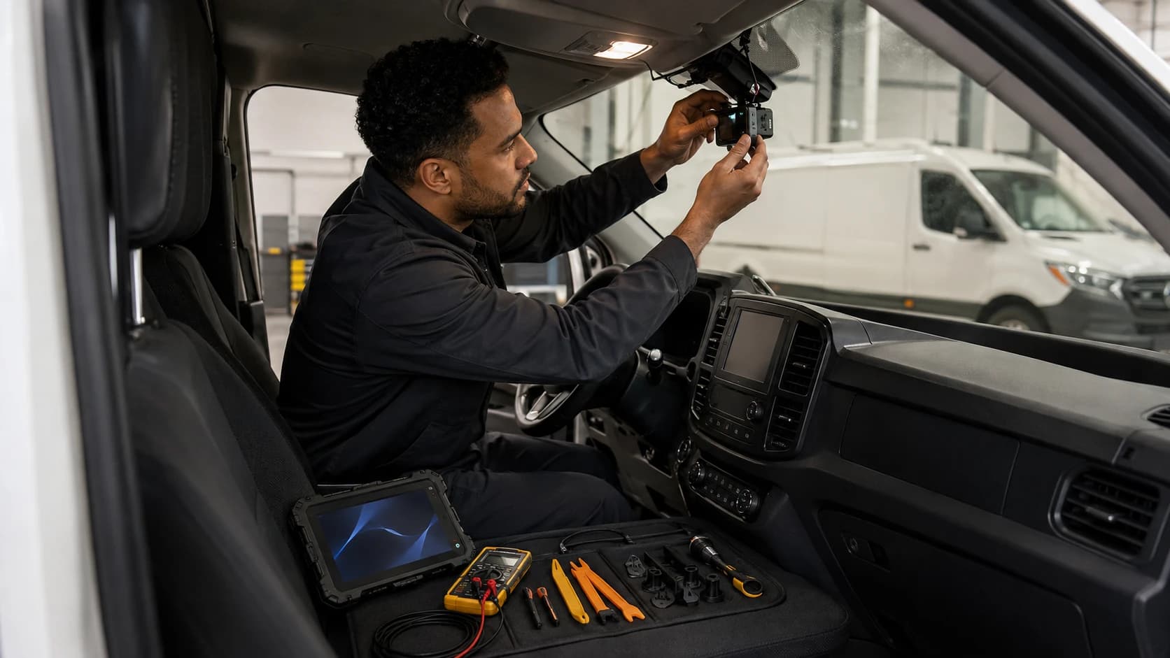 Technician installing and verifying a dash camera inside a commercial fleet vehicle