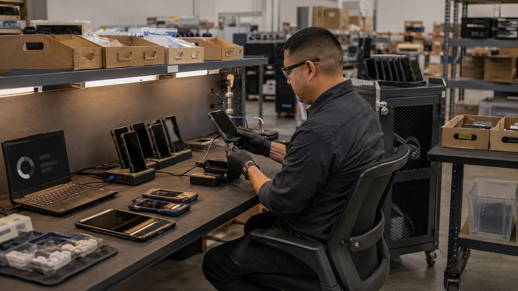 Technician inspecting and processing business devices at a commercial lifecycle workbench